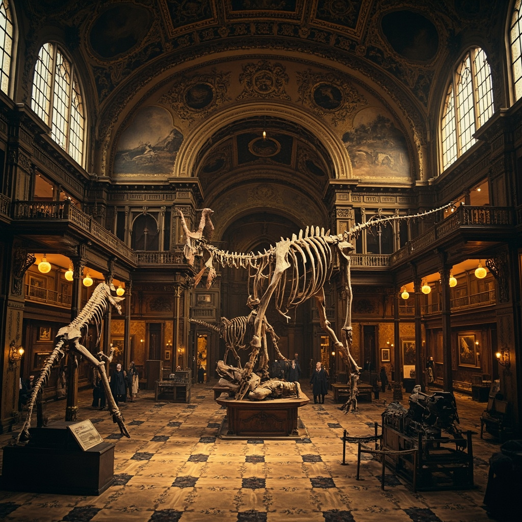 Victorian museum display showing dinosaur skeleton reconstructions