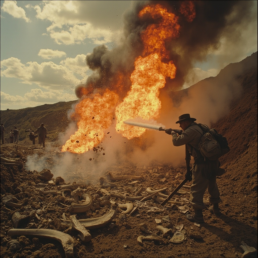 Fossil excavation site showing damaged bones and equipment