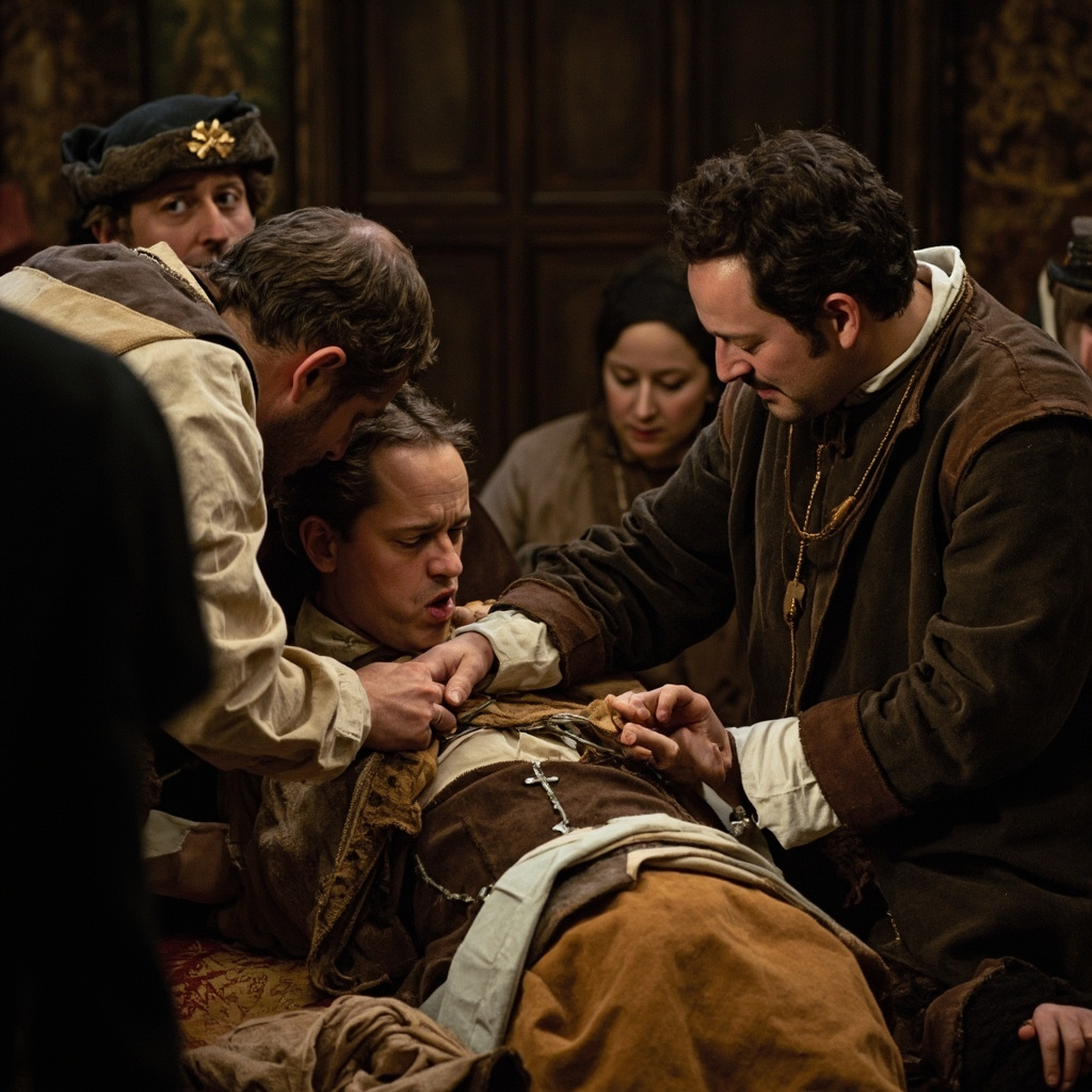 Medieval physicians examining exhausted dancers