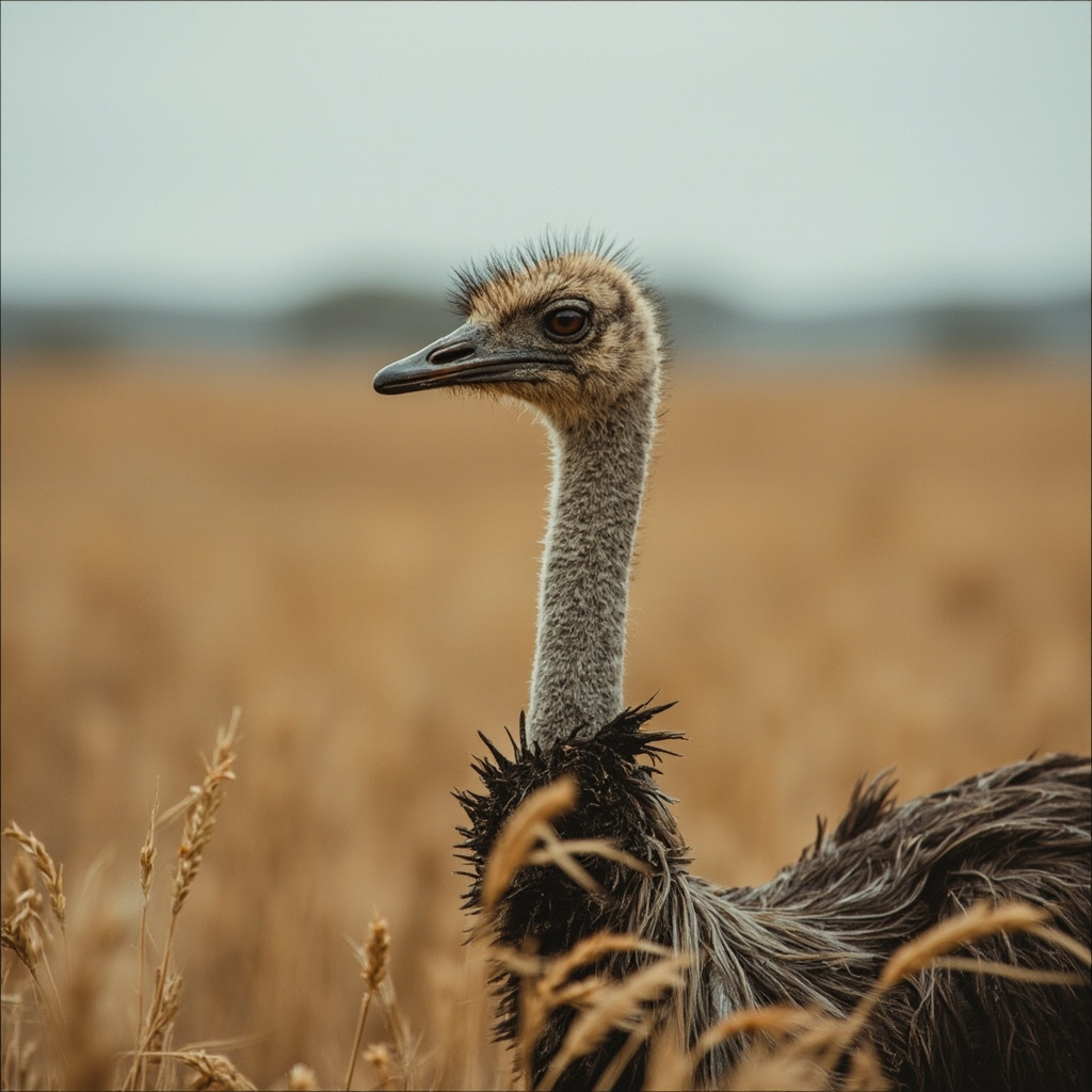 Large emu standing in wheat fields