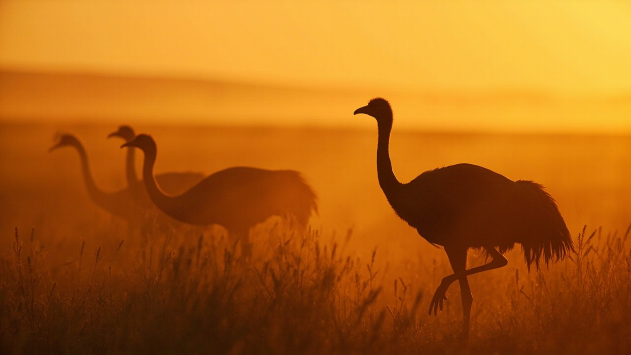Emus in the Australian outback at sunset