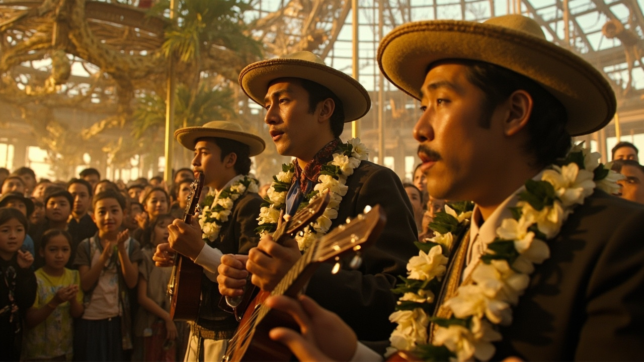 Hawaiian musicians performing with ukuleles at the 1915 Panama-Pacific International Exposition