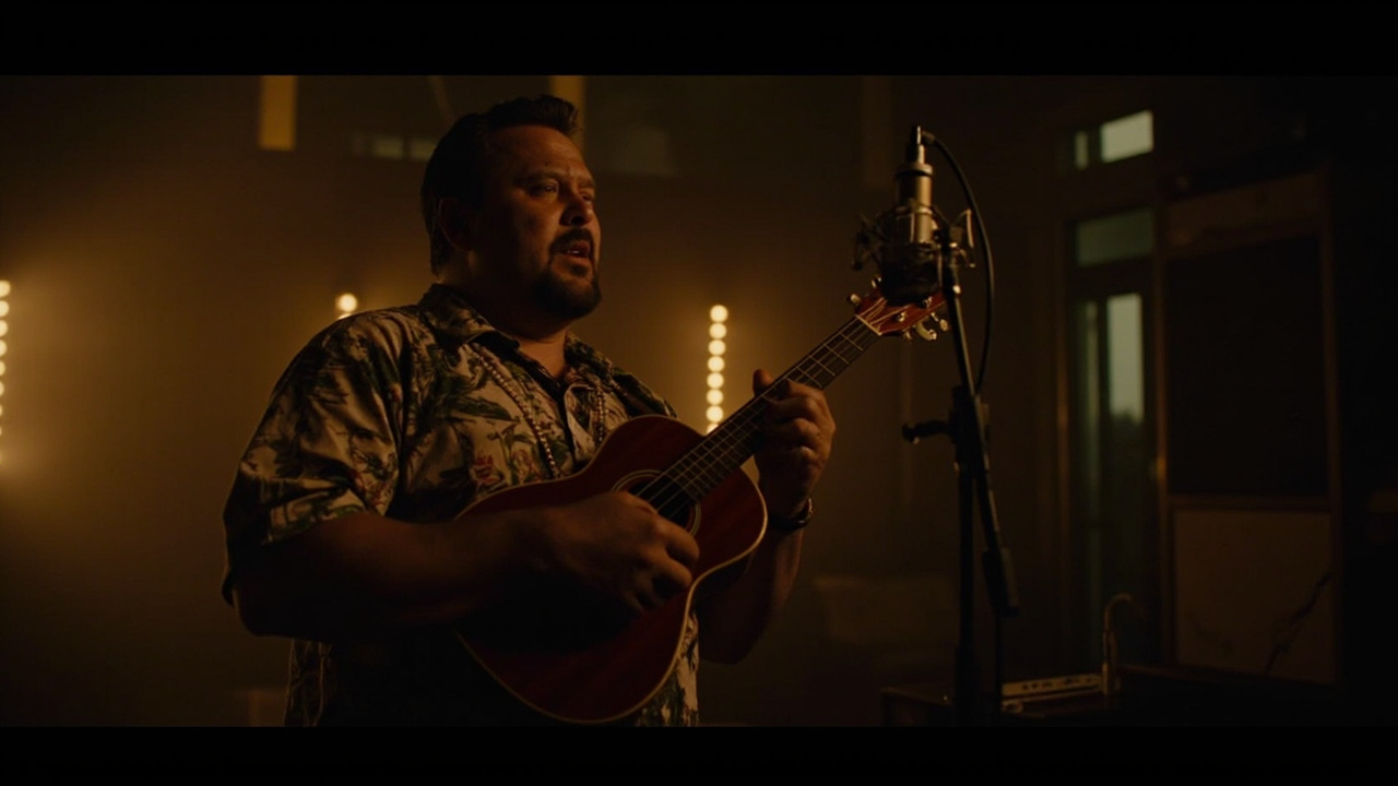Hawaiian musician playing ukulele in a recording studio
