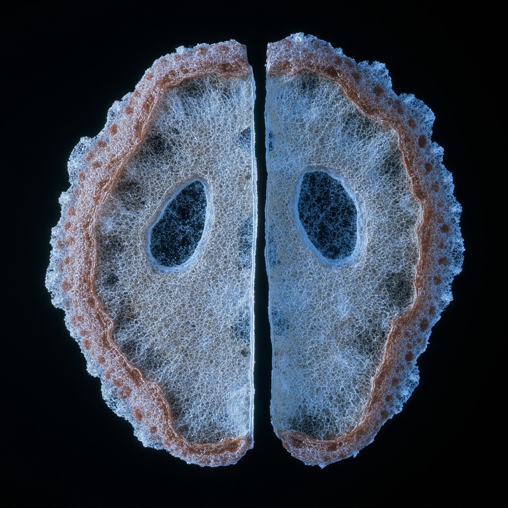 Cross-section of vitrified brain tissue showing glass-like crystalline structure