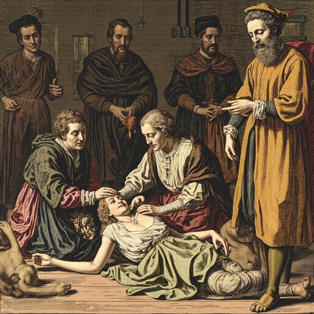 Medieval physician examining exhausted dancers