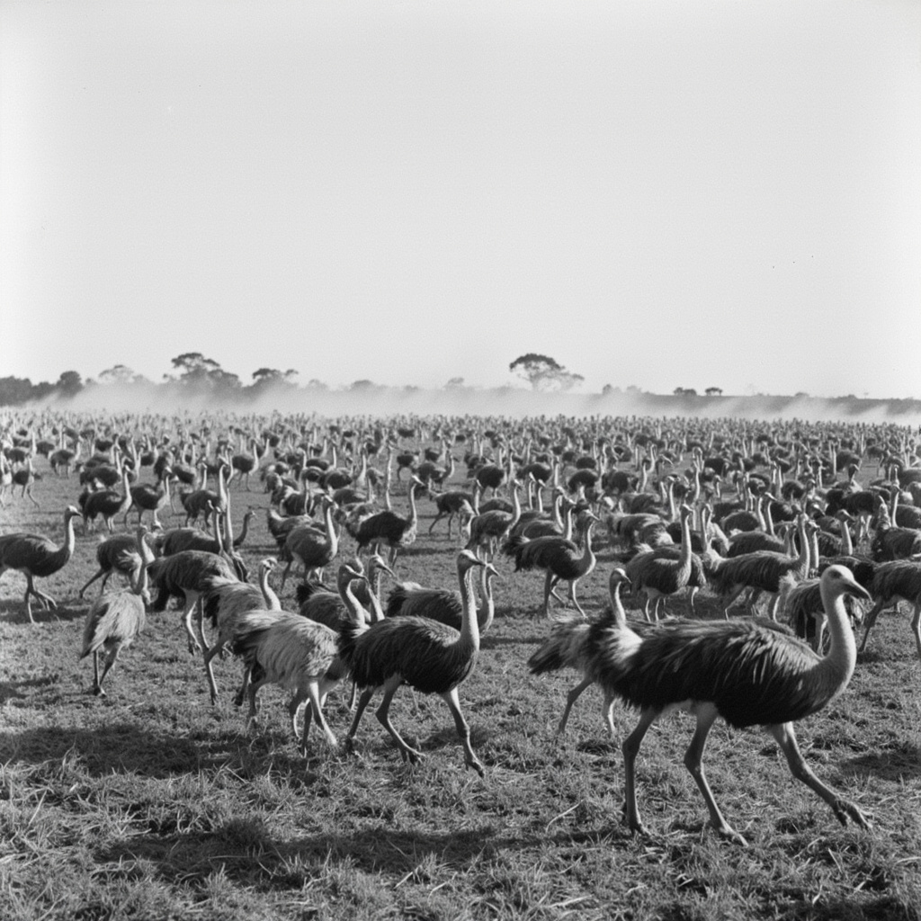 Emus in wheat fields