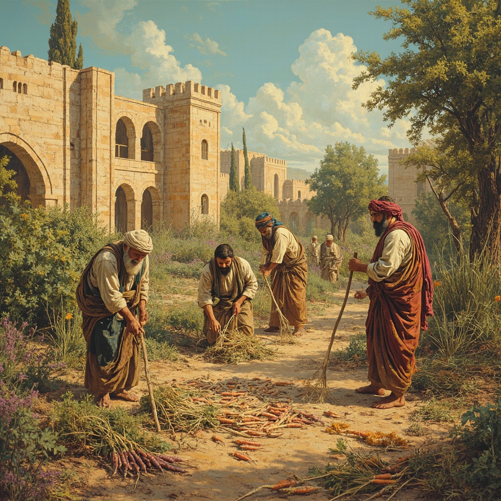 Ancient Persian farmers harvesting purple and white carrots in historical scene