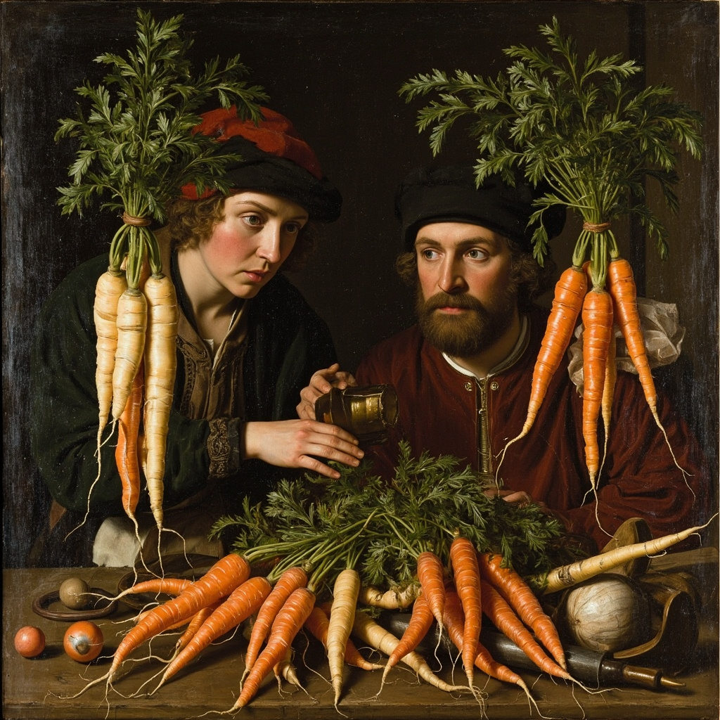 16th century Dutch horticulturalists selectively breeding orange carrots in their garden laboratory