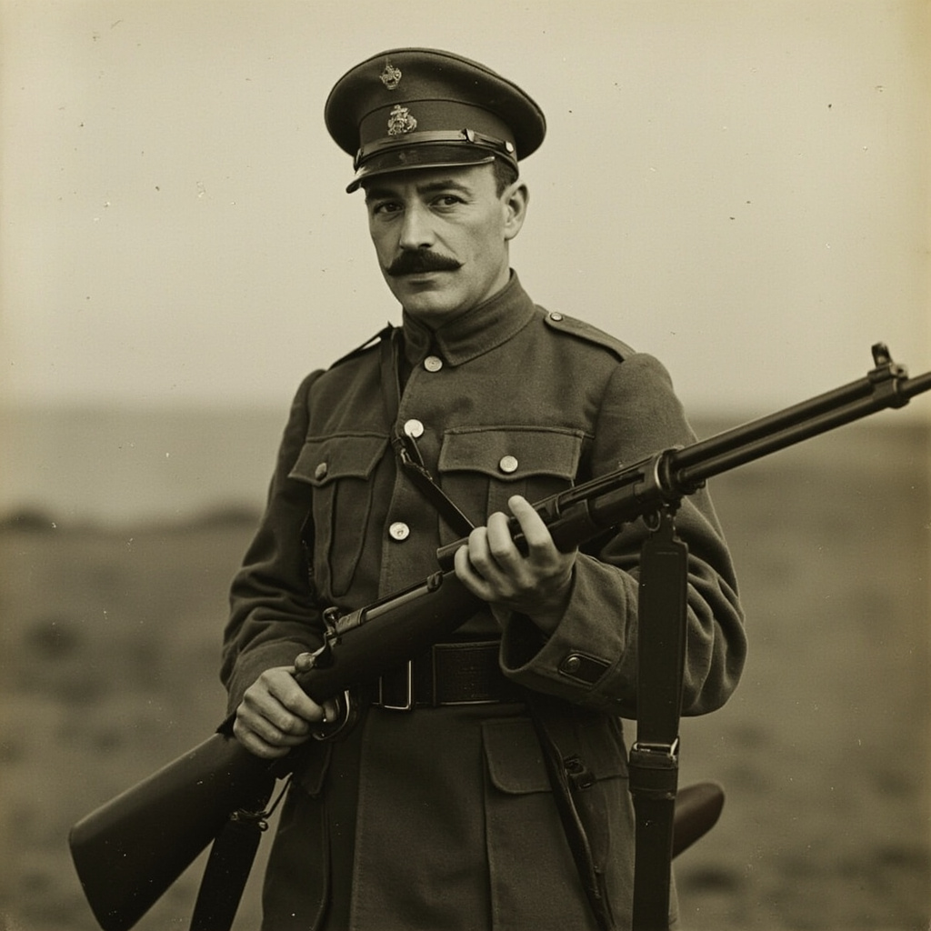 Military officer with Lewis gun