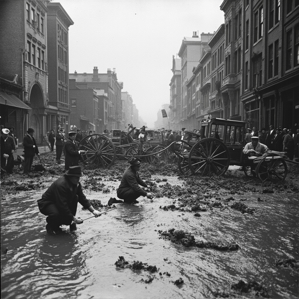 Rescue workers cleaning up after the Great Molasses Flood