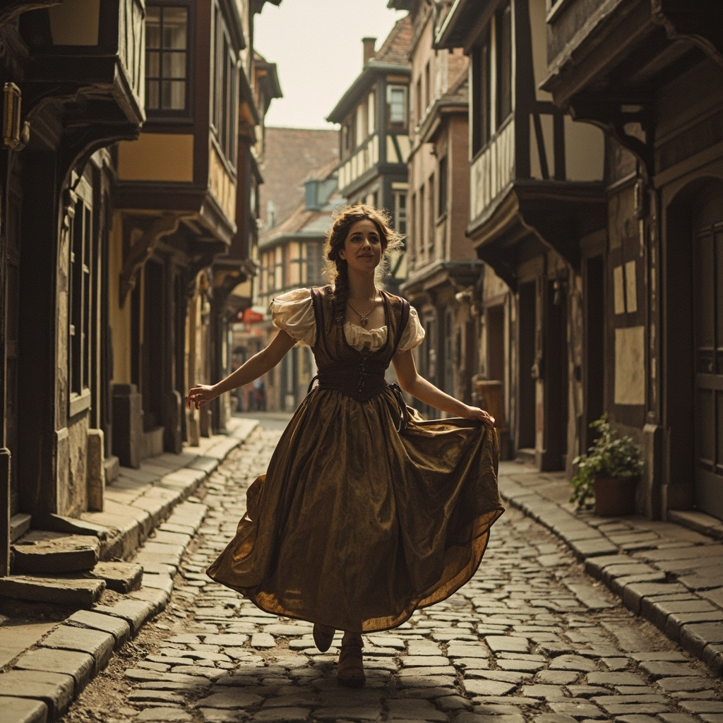 Frau Troffea dancing alone in medieval Strasbourg street