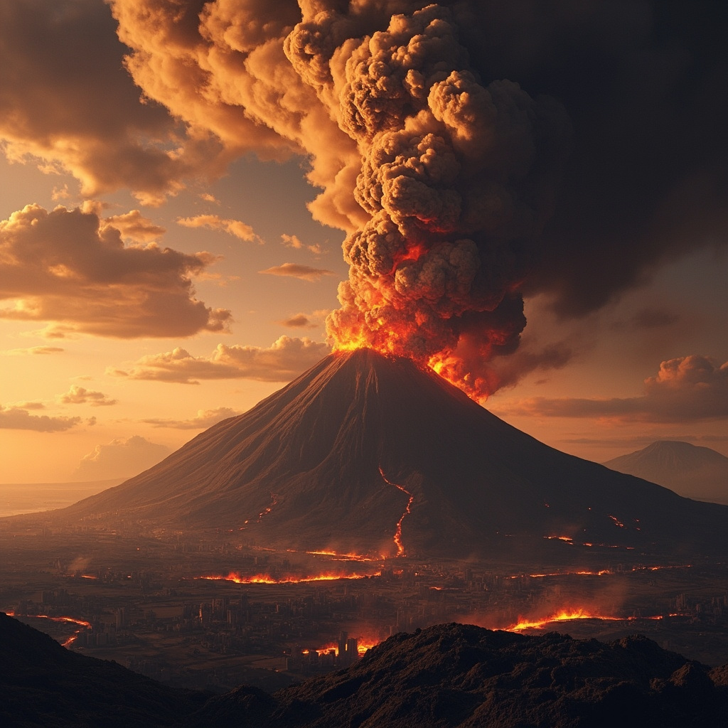 Mount Vesuvius volcanic eruption showing pyroclastic flows and ash clouds