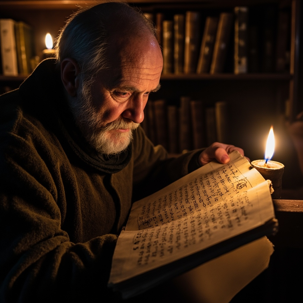 Scholar studying the Voynich Manuscript by candlelight