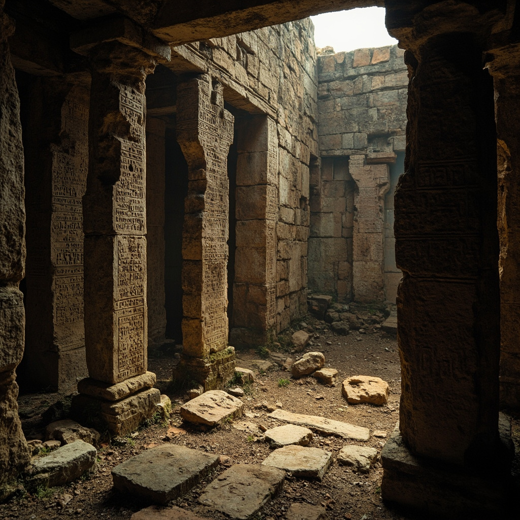 Ancient Etruscan temple ruins with mysterious carved symbols and enigmatic inscriptions