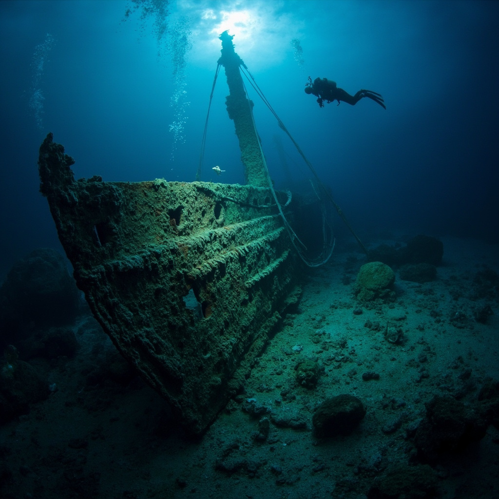 Underwater archaeological discovery of ancient shipwreck with mysterious cargo and artifacts