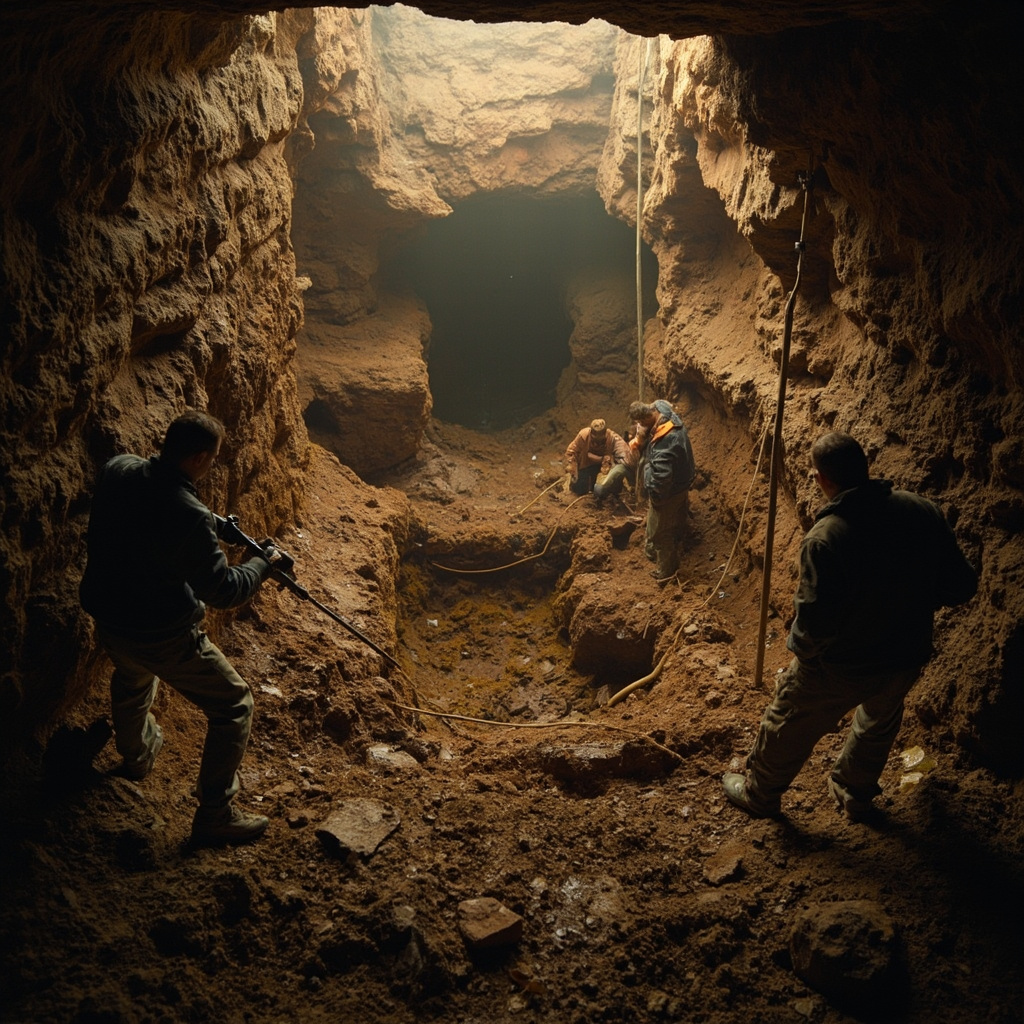 Archaeological excavation team carefully uncovering mysterious Roman discoveries with dramatic lighting