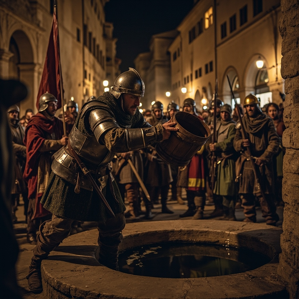 Modenese soldiers stealing the famous oak bucket from Bologna central well in 1325