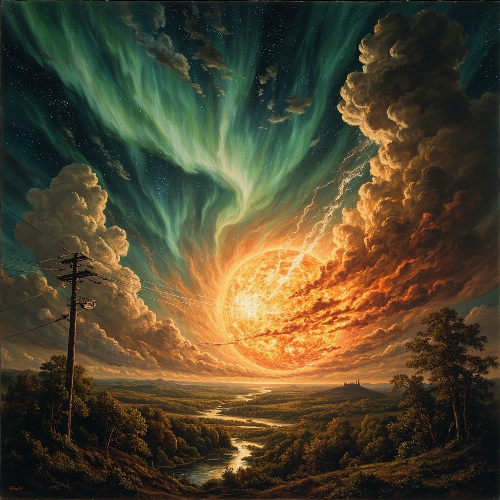 The Carrington Event of 1859 showing massive solar flare and aurora borealis across Victorian night sky