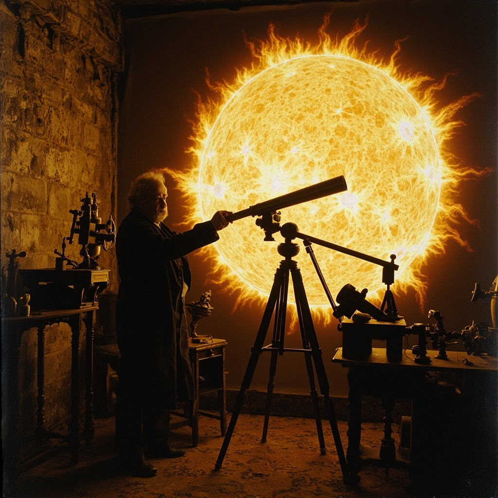 Richard Carrington observing sunspots through telescope in his private observatory during 1859