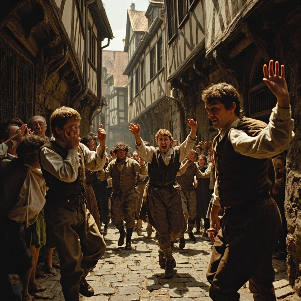 Medieval Strasbourg streets with people dancing uncontrollably during the 1518 Dancing Plague