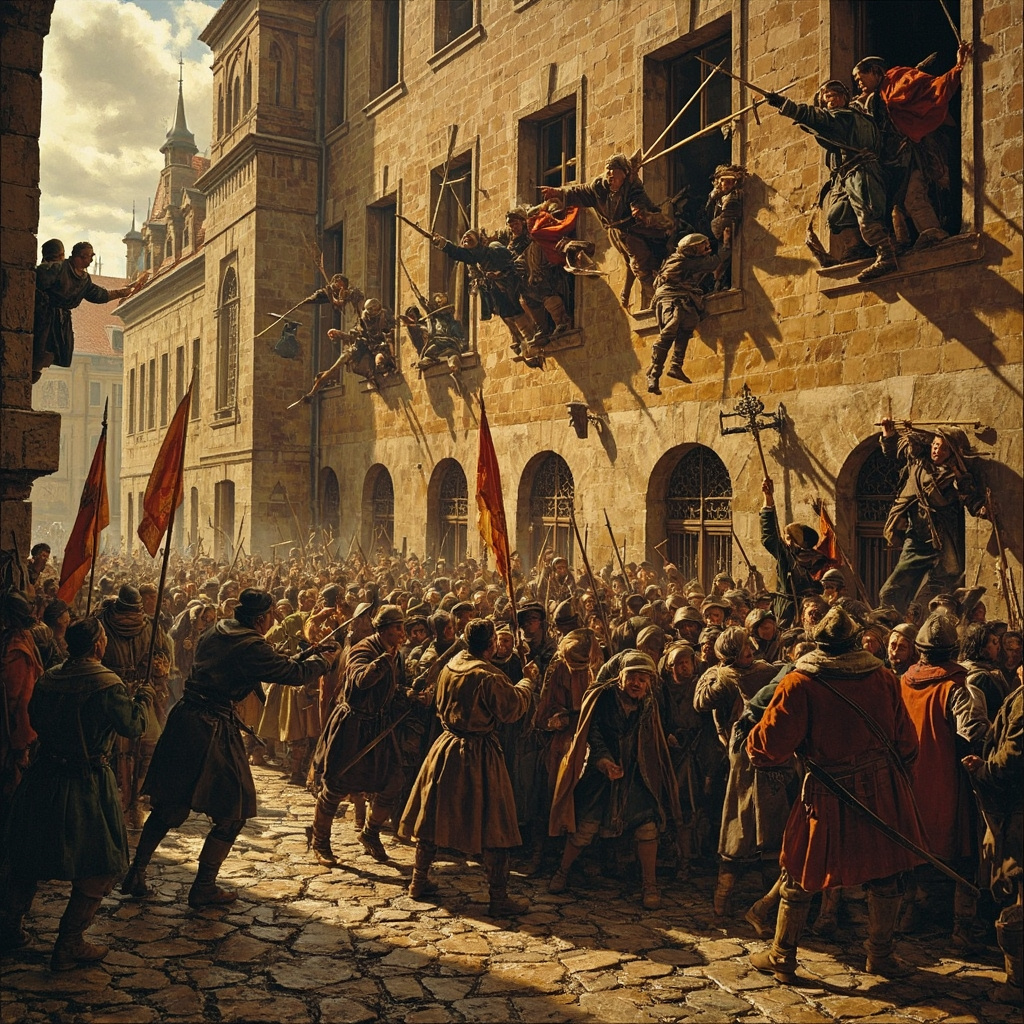 First Defenestration of Prague 1419 - Hussite mob throwing town council members from windows