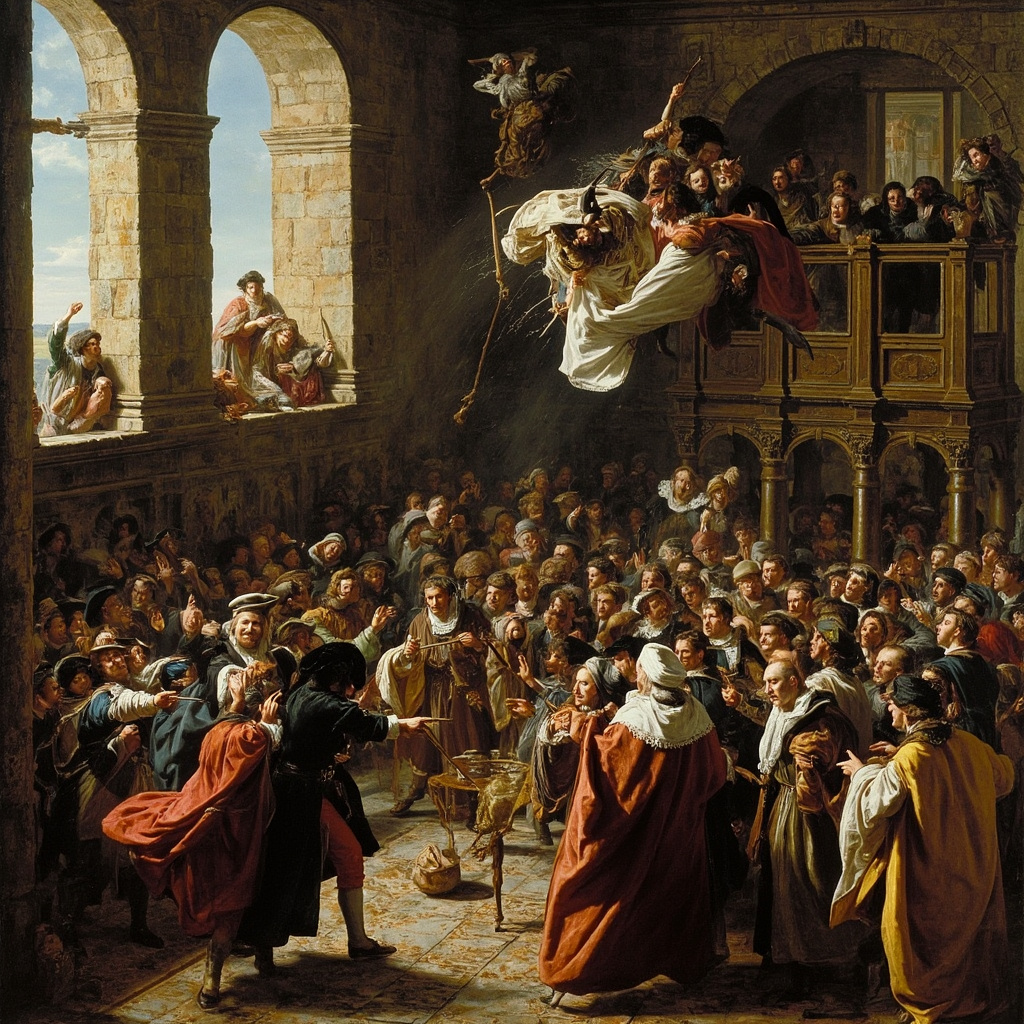 Second Defenestration of Prague 1618 - Protestant nobles throwing Catholic regents from Prague Castle window