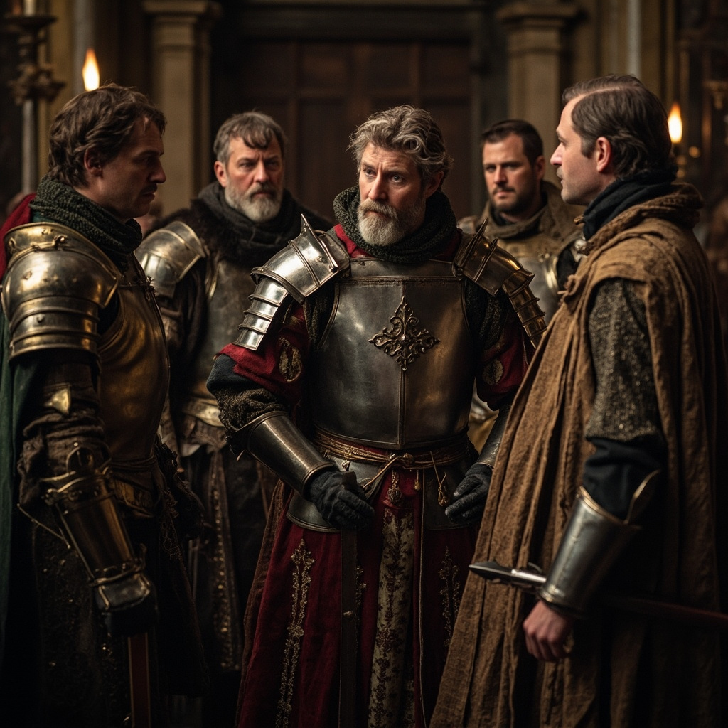 Medieval court scene with nobles in protective clothing around their fragile glass king