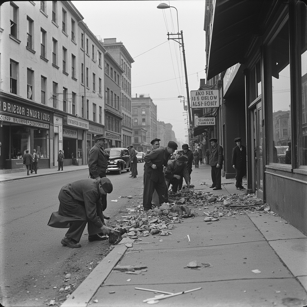 Residents cleaning up shrapnel damage after the Battle of Los Angeles