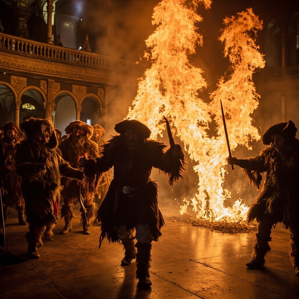 The Bal des Ardents fire scene showing courtiers in wild man costumes catching fire