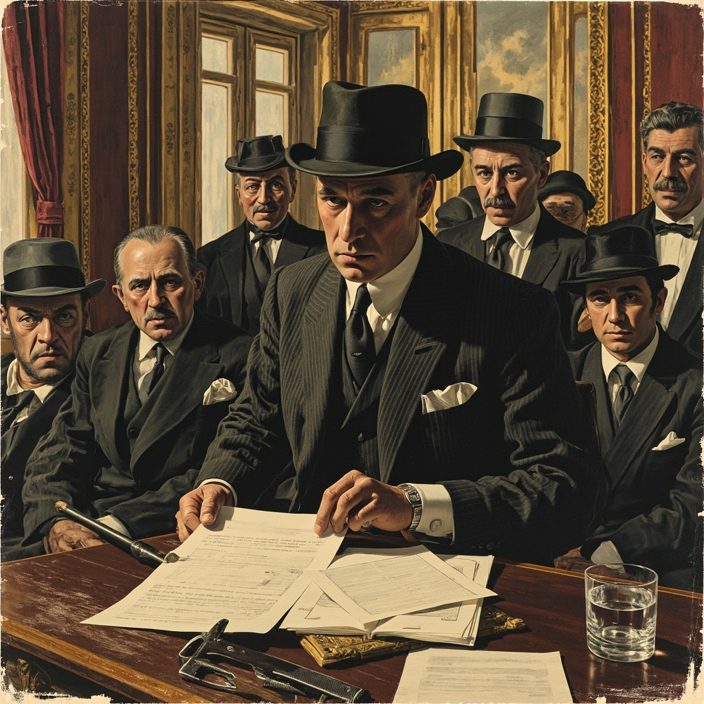 Victor Lustig meeting with scrap metal dealers at Hotel de Crillon in 1925, discussing the sale of the Eiffel Tower