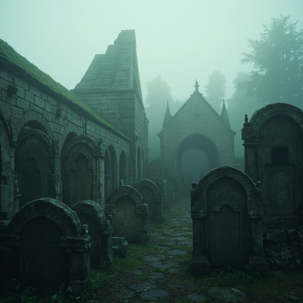 Medieval cemetery with elaborate tombstones showing unusual burial practices