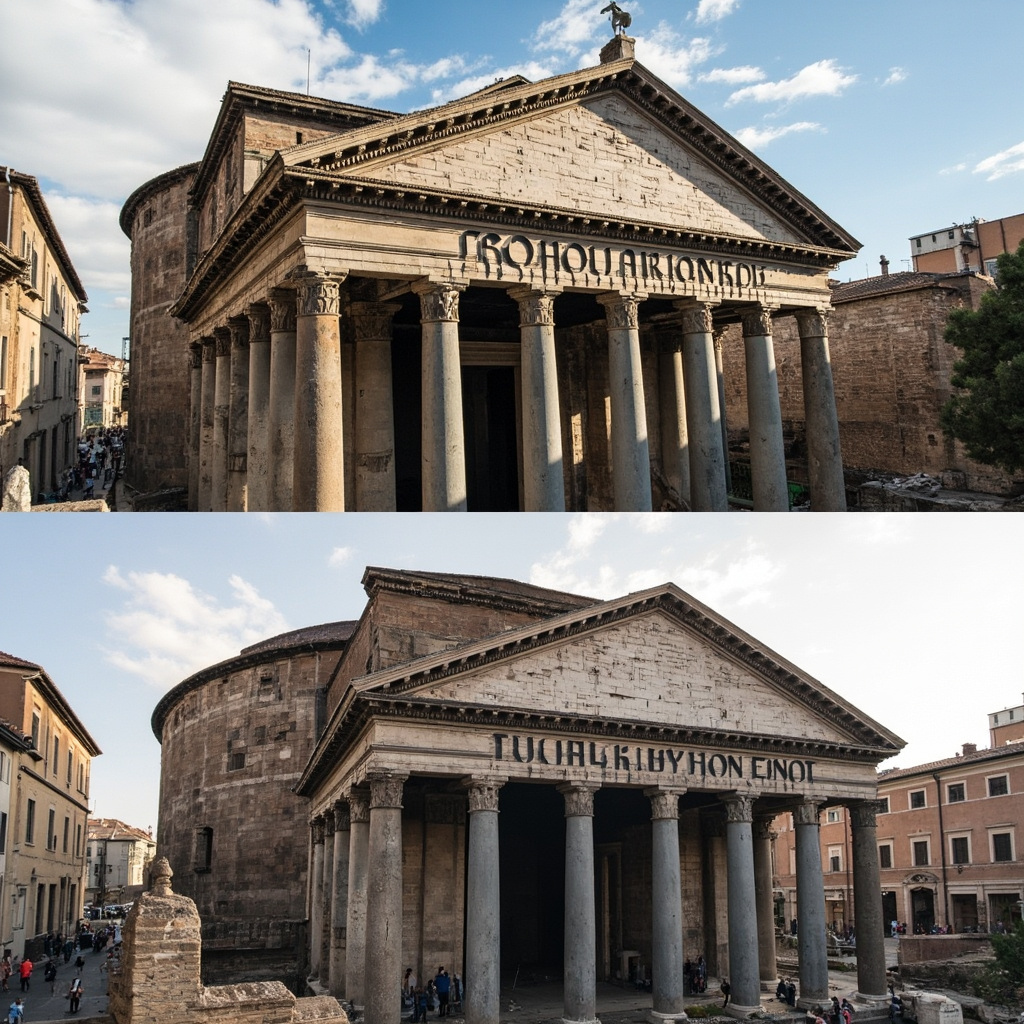 Comparison between cracked modern concrete and intact ancient Roman structures
