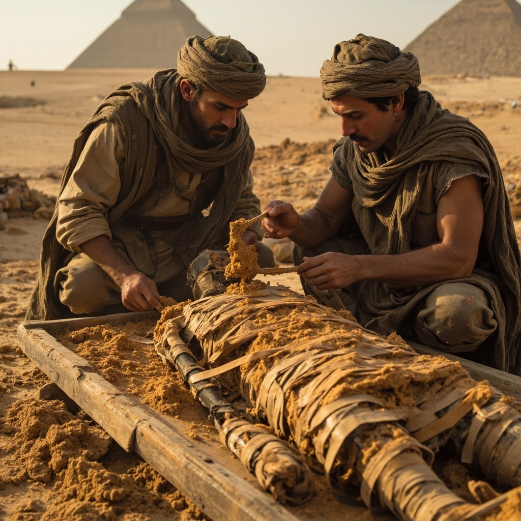 Egyptian mummy being unwrapped for medical use