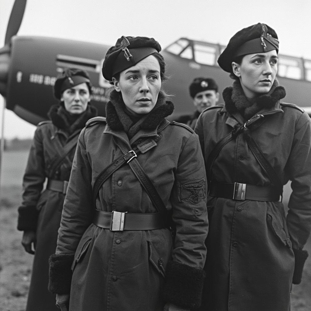 Soviet Night Witches female pilots standing by their Po-2 biplane bombers during WWII