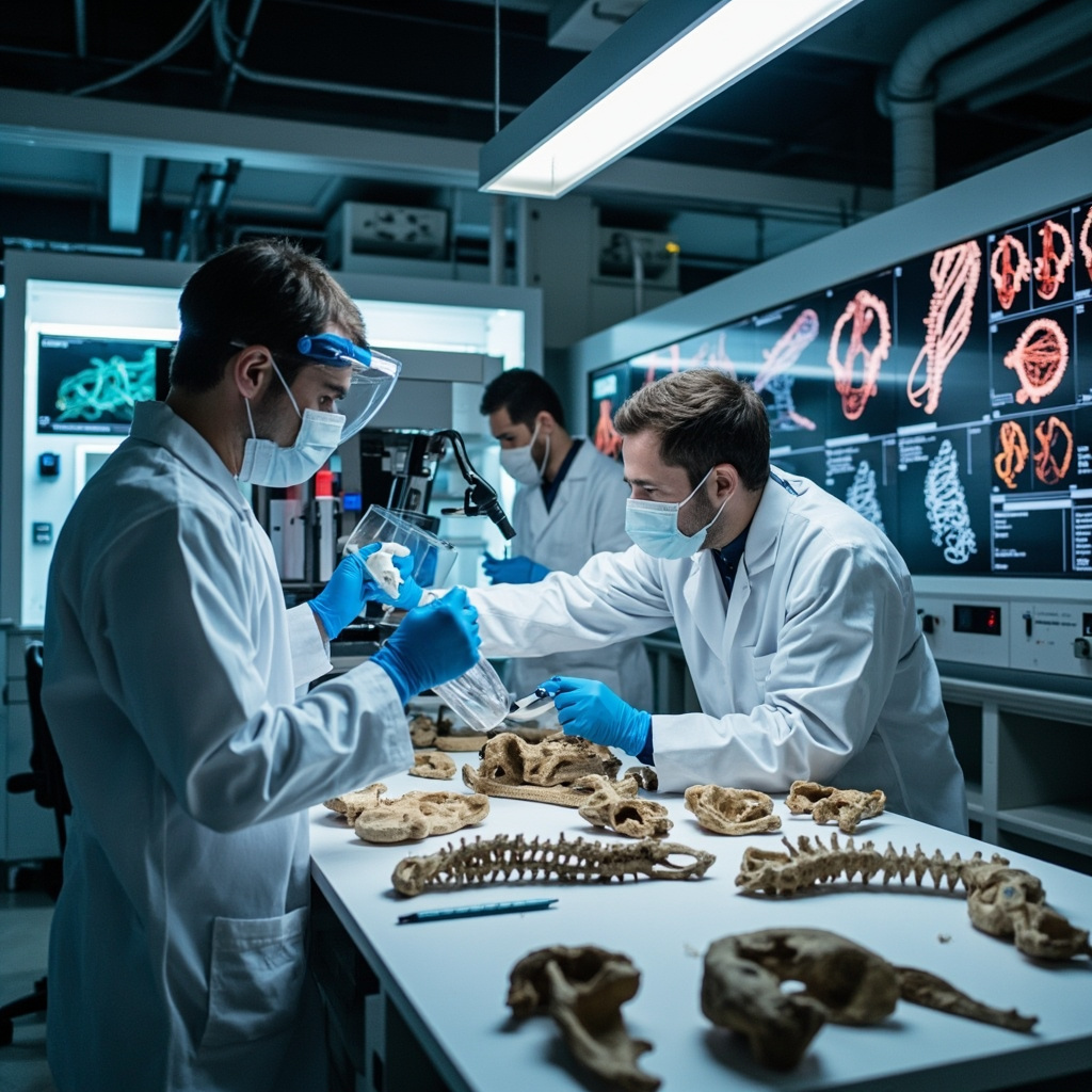 Modern paleontology laboratory with scientists using advanced molecular extraction techniques