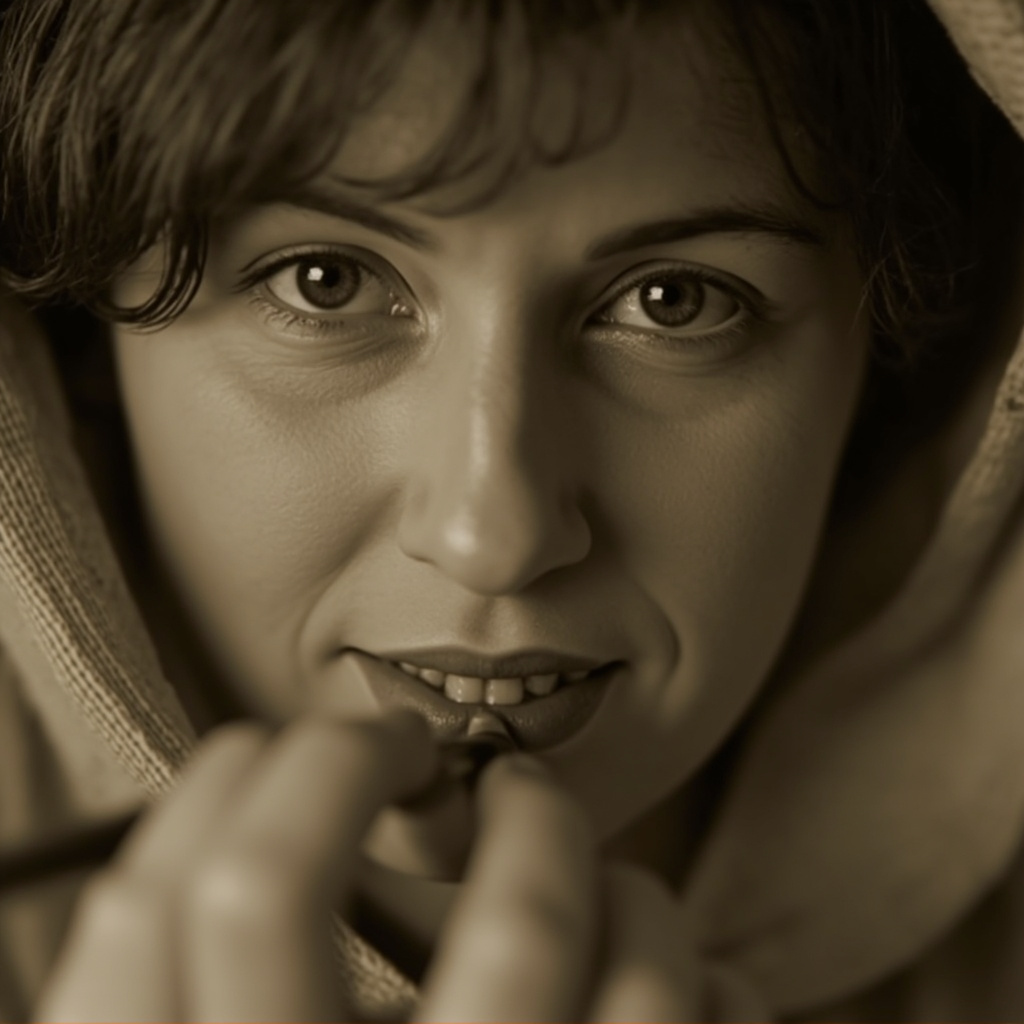 A 1920s factory worker demonstrating the dangerous lip-pointing technique with radium paint