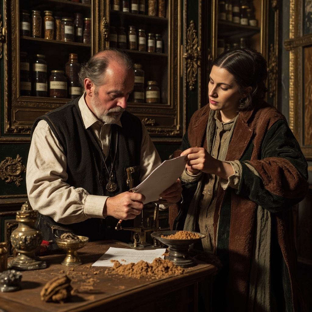 Renaissance physician prescribing mummy powder to wealthy patient