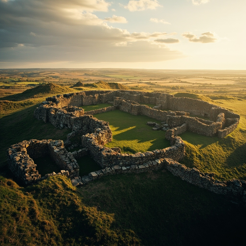 Roman Fort Magna ruins along Hadrian's Wall in Northumberland showing ancient stone fortifications