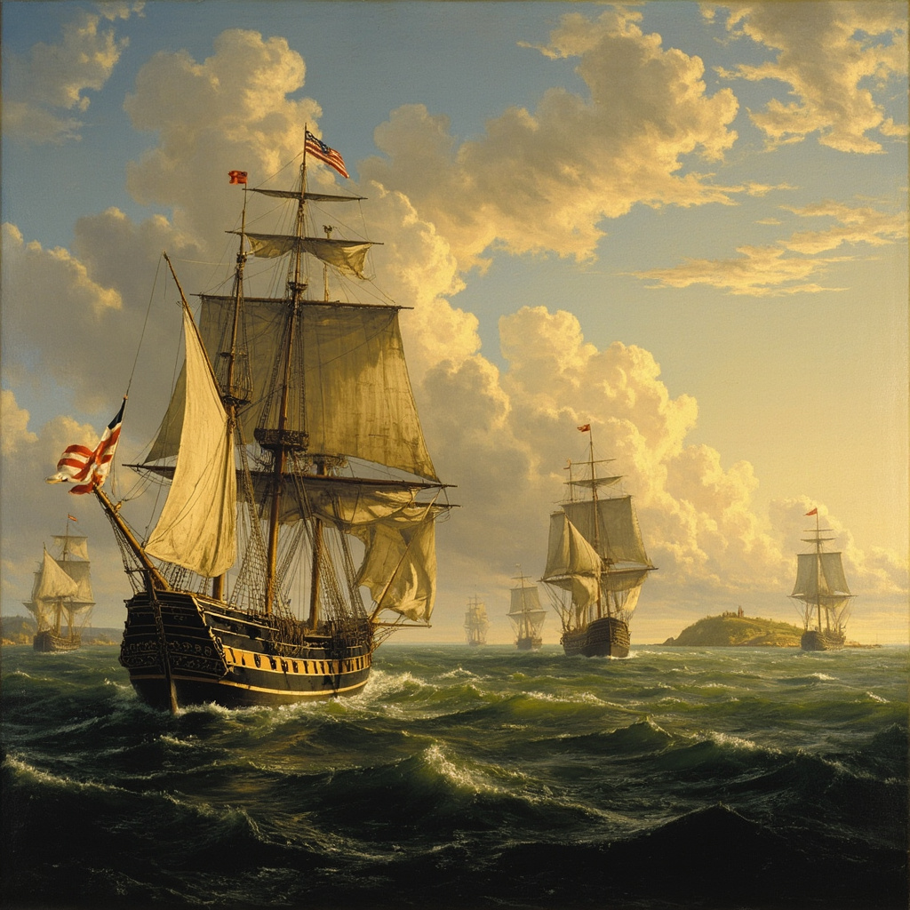 Dutch naval fleet under Admiral Maarten Tromp sailing toward the Isles of Scilly