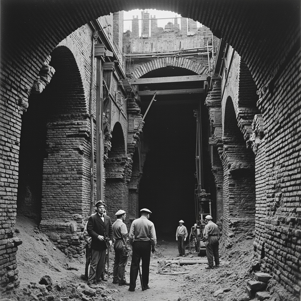 Victorian era workers constructing London underground sewer system under Joseph Bazalgette