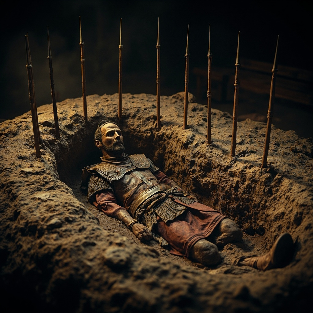 Ancient speared warrior burial site showing strategic spear placement through the corpse