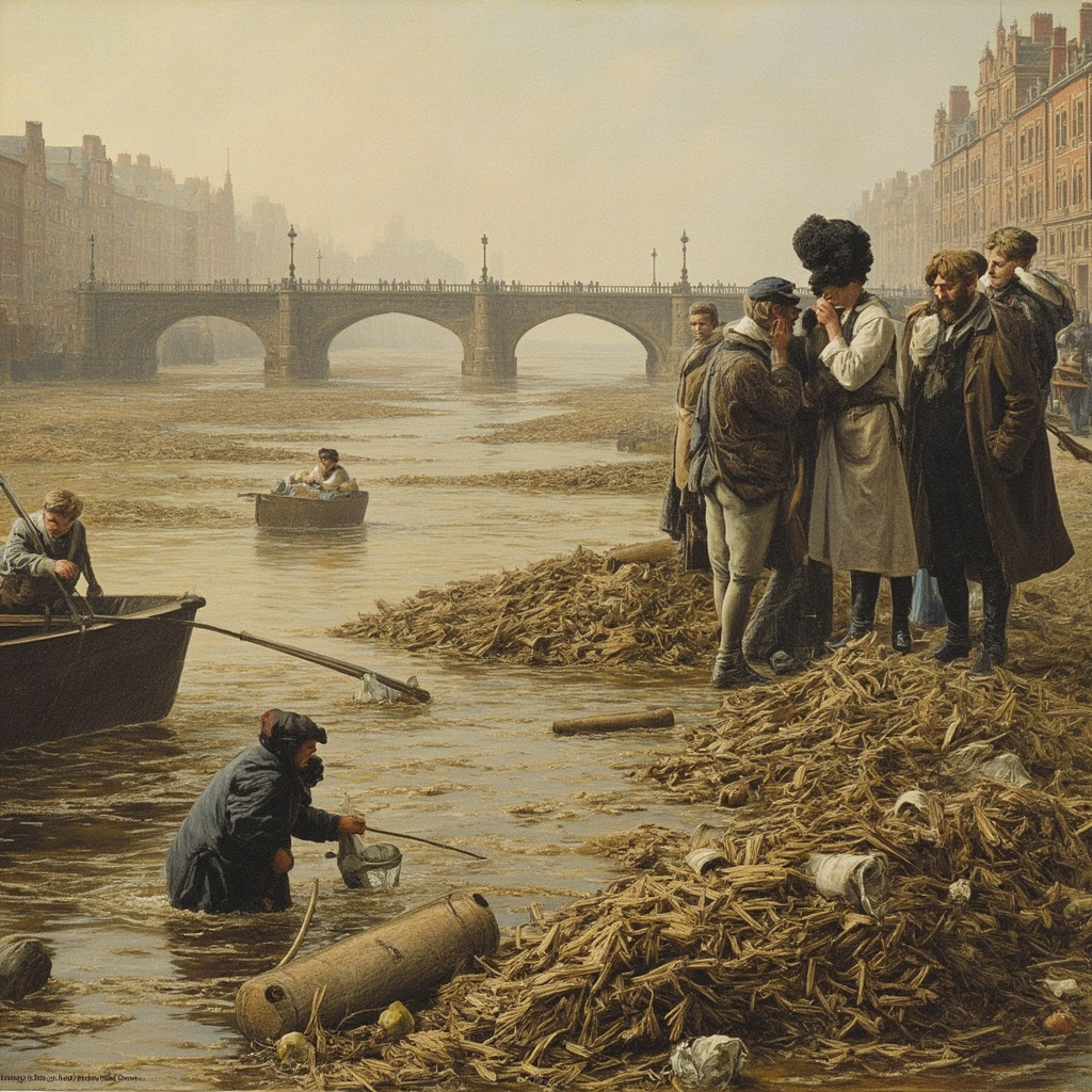Polluted Thames river during the Great Stink of 1858 with people covering their noses