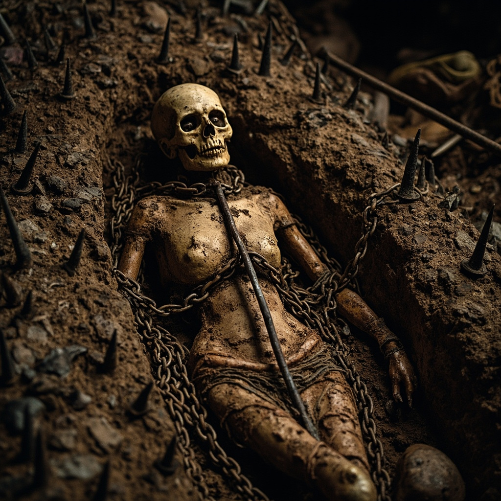 Medieval Bulgarian anti-vampire burial with iron rod through chest and protective chains