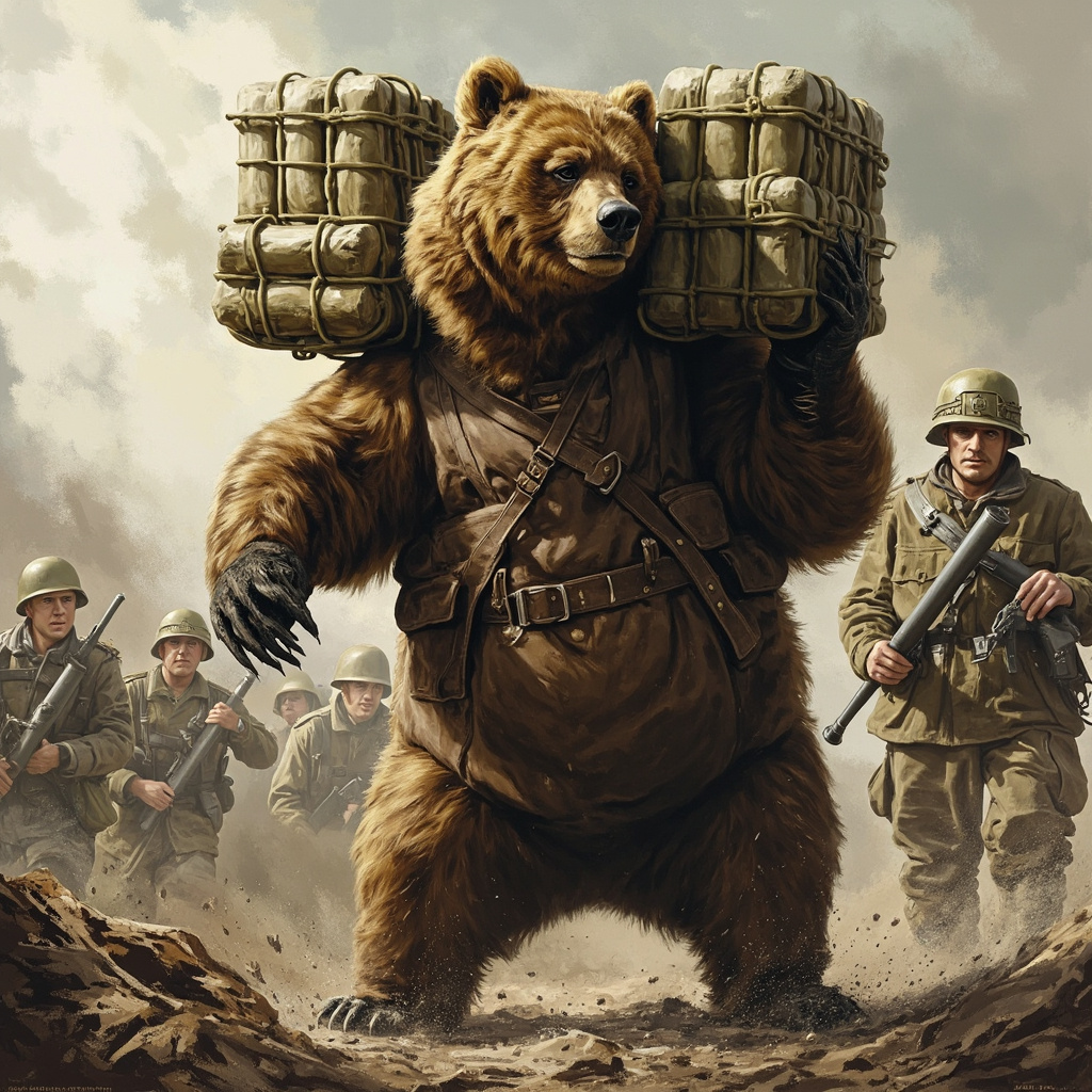 Wojtek the bear carrying heavy artillery shells on hind legs at the Battle of Monte Cassino in 1944