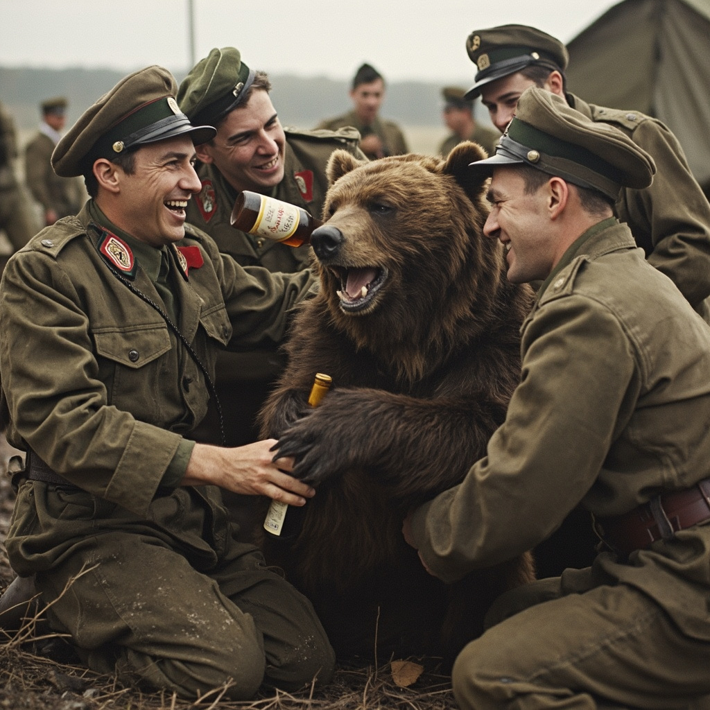 Wojtek the bear playing and drinking beer with Polish soldiers in military camp during WWII
