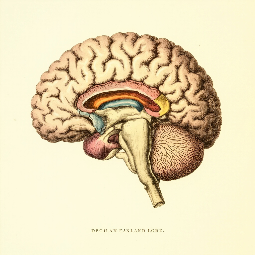 Medical illustration of human brain showing frontal lobe location