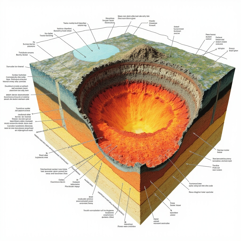 Toba volcano caldera cross-section showing massive crater and geological layers