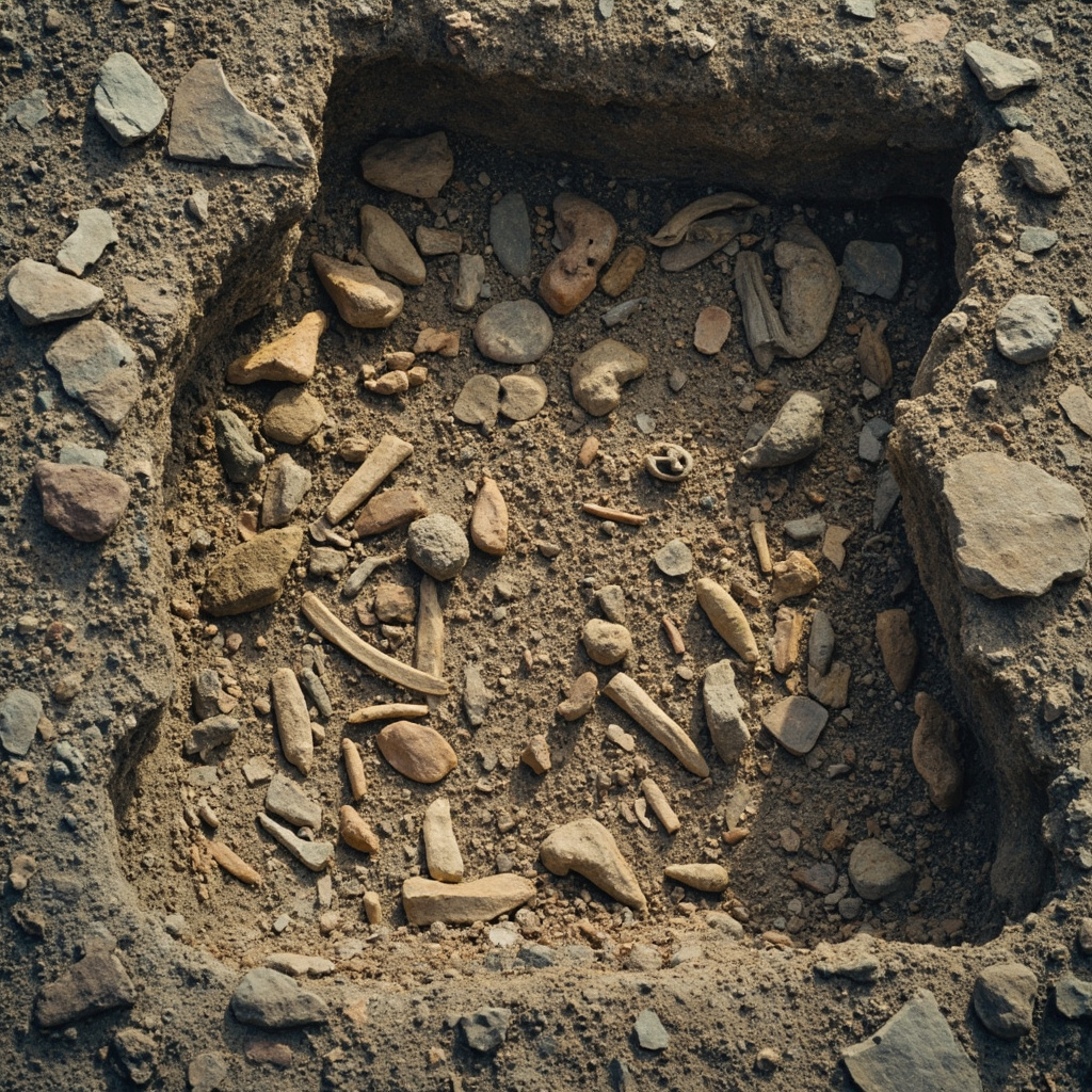 Archaeological excavation site showing ancient human artifacts and volcanic ash layers