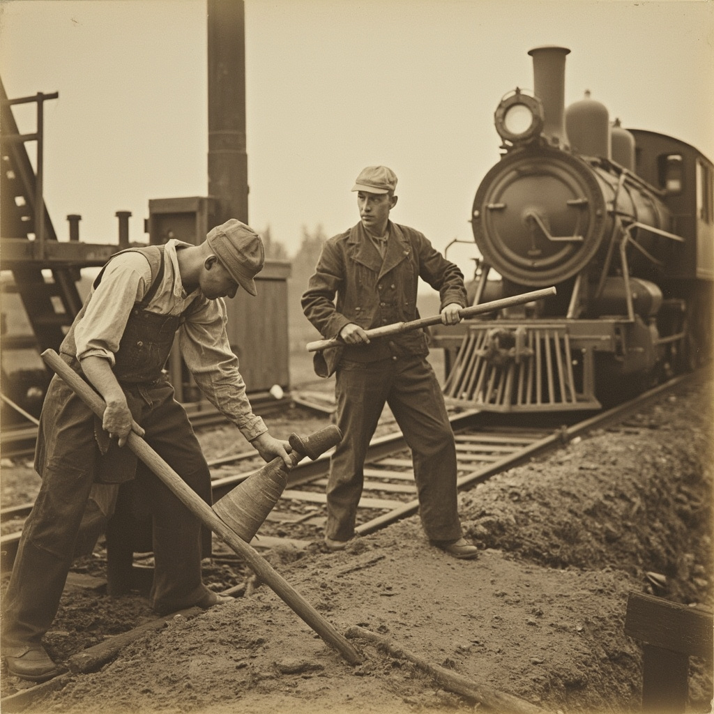 Victorian era railroad construction with workers and tamping irons