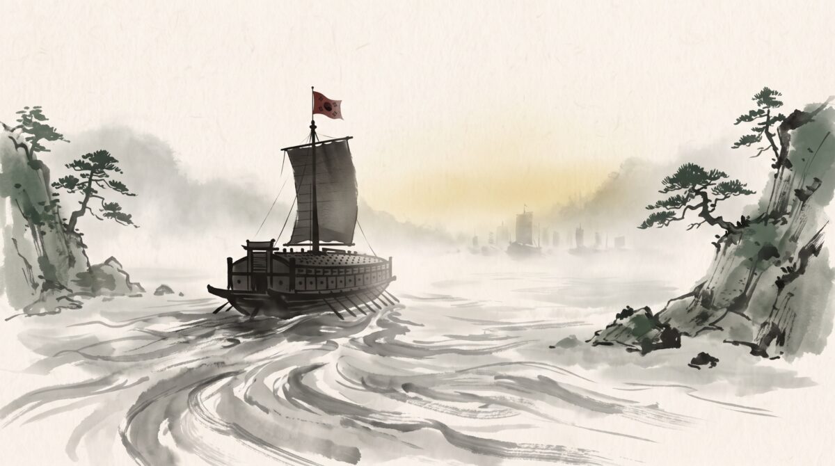 Ink-wash painting of a lone Korean warship on a misty strait facing a distant enemy fleet